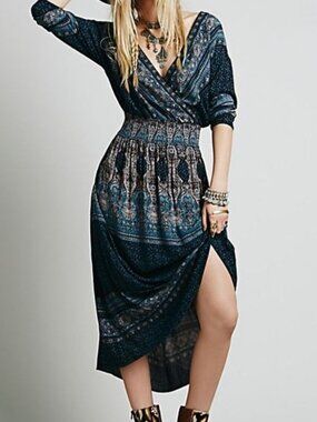 Free People Blue Paisley Boho Empire Waist Dress Size L